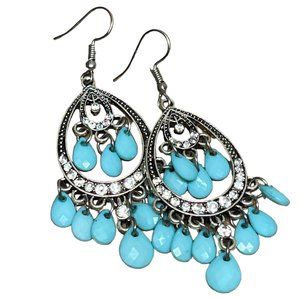 Silver rhinestone and turquoise beaded dangle earrings